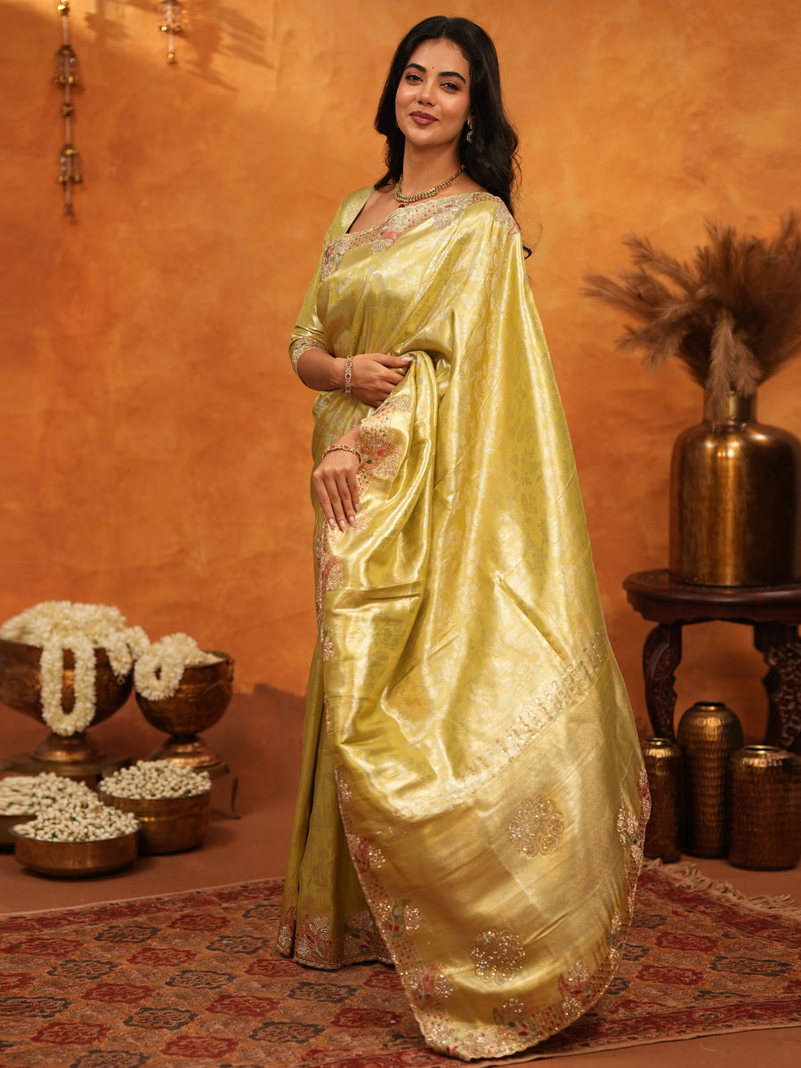 Olive Gold Banarasi Silk Saree with Floral Embroidered Border & Zari Weaving | Premium Festive Wedding Wear Saree