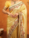 Sunshine Yellow Banarasi Silk Embroidered Saree with Multicolor Floral Border & Zari Weaving | Heavy Embroidered Blouse with Tassels | Wedding & Festive Wear Saree
