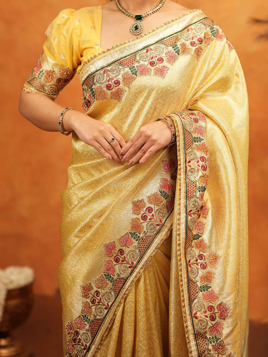 Sunshine Yellow Banarasi Silk Embroidered Saree with Multicolor Floral Border & Zari Weaving | Heavy Embroidered Blouse with Tassels | Wedding & Festive Wear Saree