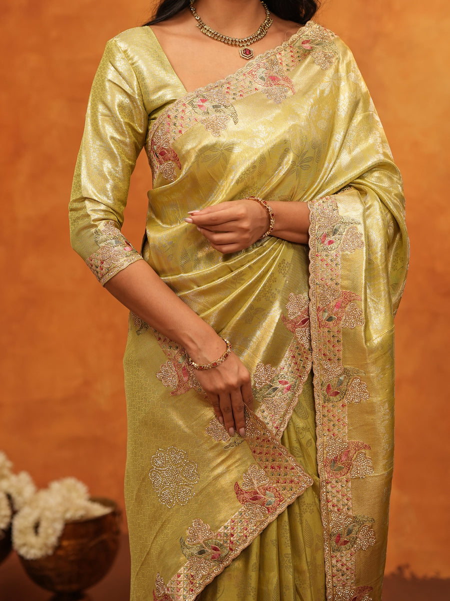 Olive Gold Banarasi Silk Saree with Floral Embroidered Border & Zari Weaving | Premium Festive Wedding Wear Saree