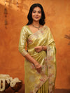 Olive Gold Banarasi Silk Saree with Floral Embroidered Border & Zari Weaving | Premium Festive Wedding Wear Saree