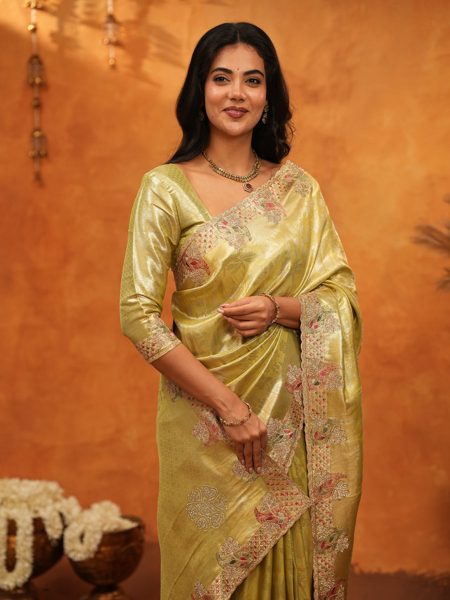 Olive Gold Banarasi Silk Saree with Floral Embroidered Border & Zari Weaving | Premium Festive Wedding Wear Saree