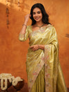 Olive Gold Banarasi Silk Saree with Floral Embroidered Border & Zari Weaving | Premium Festive Wedding Wear Saree