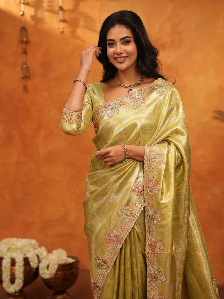 Olive Gold Banarasi Silk Saree with Floral Embroidered Border & Zari Weaving | Premium Festive Wedding Wear Saree