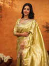 Olive Gold Banarasi Silk Saree with Floral Embroidered Border & Zari Weaving | Premium Festive Wedding Wear Saree
