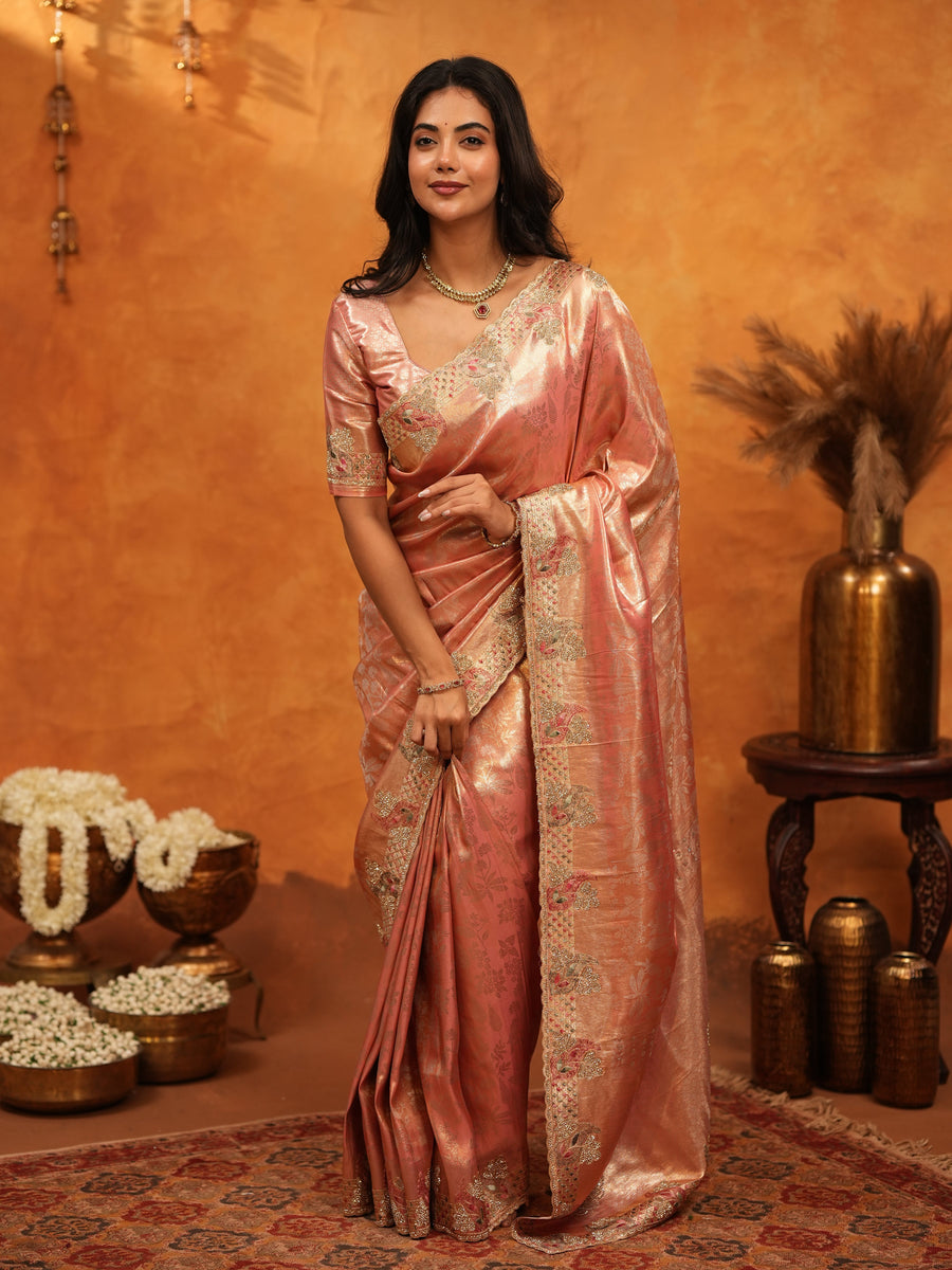 Rose Gold Banarasi Silk Saree with Floral Embroidered Border & Zari Weaving | Designer Wedding & Festive Wear Saree