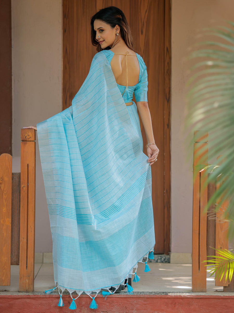 Aqua Blue Pure Handloom Cotton Saree with Striped Weaving & Tassel Detailing