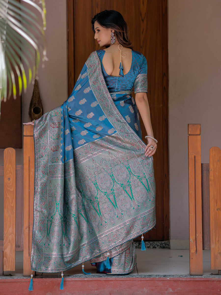 Royal Teal Blue Banarasi Silk Saree with Intricate Paisley Zari Weaving & Tassel Detailing