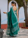Emerald Green Pure Handloom Cotton Saree with Silver Border & Tassel Detailing