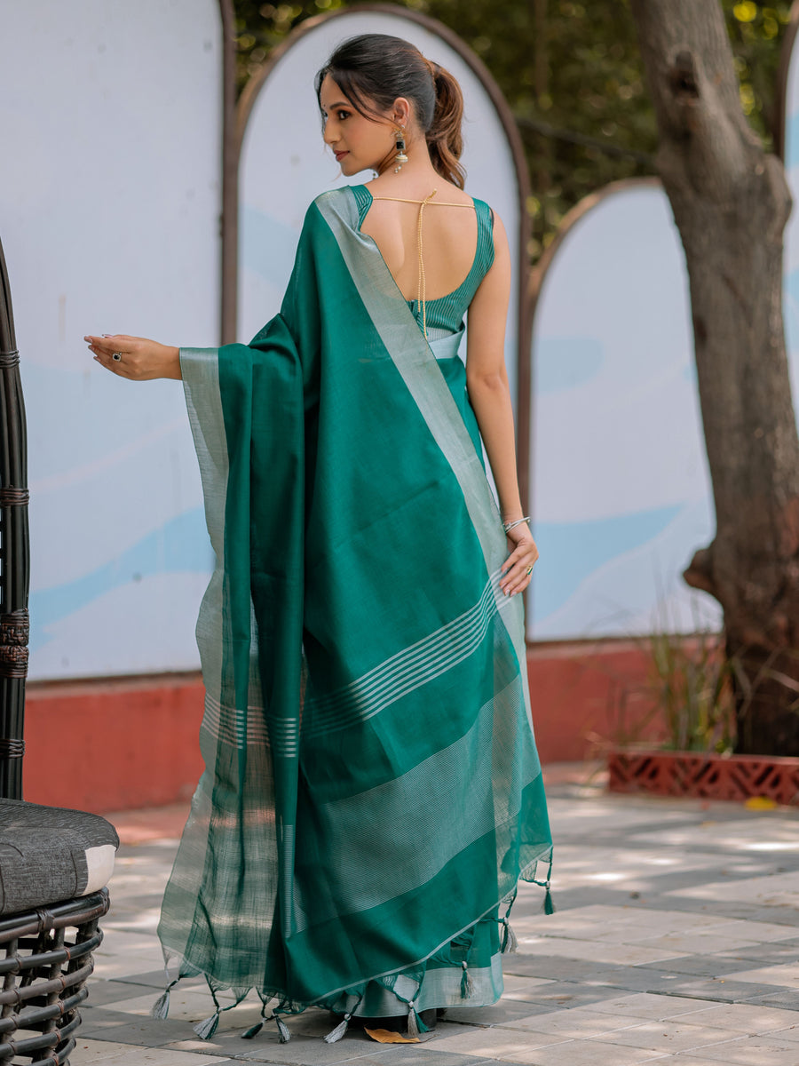 Emerald Green Pure Handloom Cotton Saree with Silver Border & Tassel Detailing