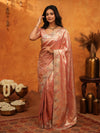 Rose Gold Banarasi Silk Saree with Floral Embroidered Border & Zari Weaving | Designer Wedding & Festive Wear Saree