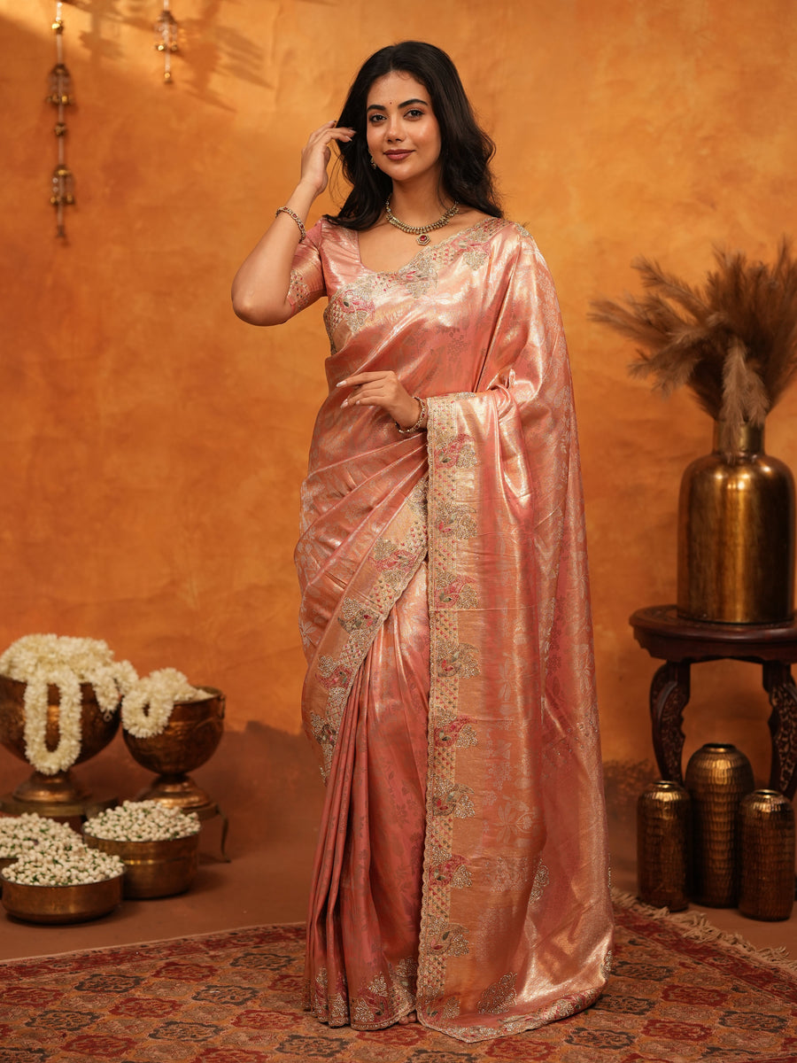 Rose Gold Banarasi Silk Saree with Floral Embroidered Border & Zari Weaving | Designer Wedding & Festive Wear Saree
