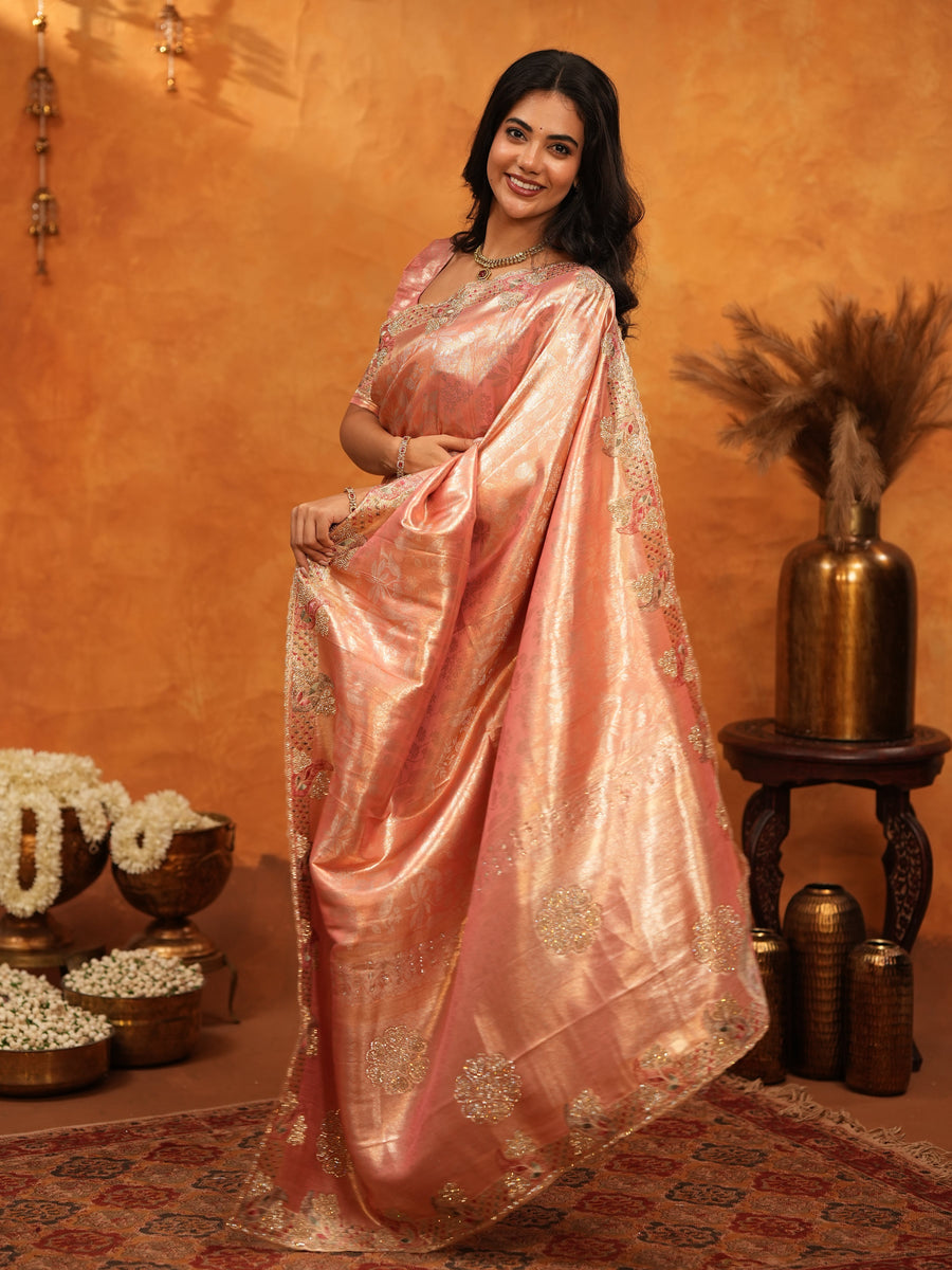 Rose Gold Banarasi Silk Saree with Floral Embroidered Border & Zari Weaving | Designer Wedding & Festive Wear Saree
