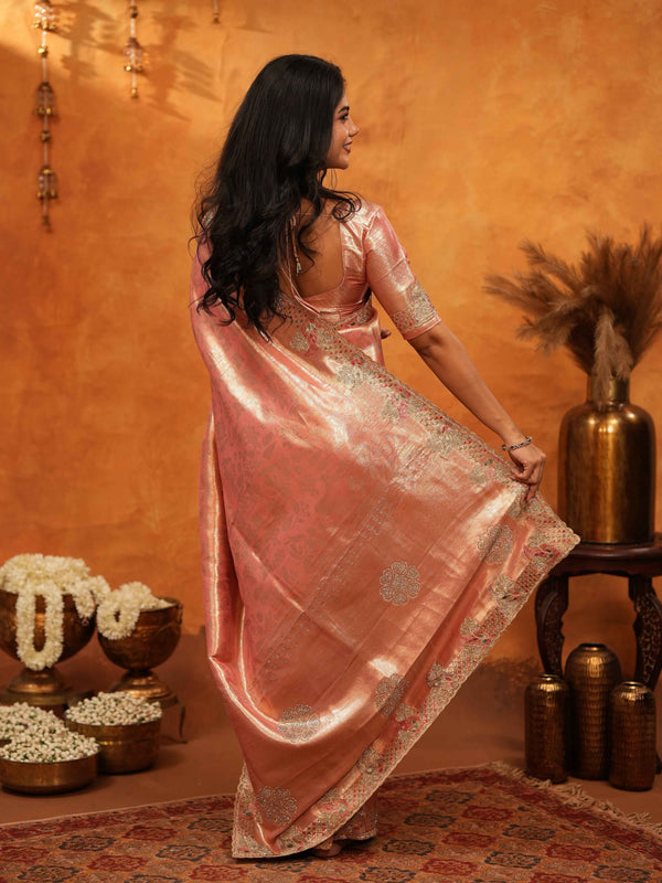 Rose Gold Banarasi Silk Saree with Floral Embroidered Border & Zari Weaving | Designer Wedding & Festive Wear Saree