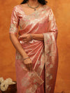 Rose Gold Banarasi Silk Saree with Floral Embroidered Border & Zari Weaving | Designer Wedding & Festive Wear Saree
