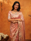 Rose Gold Banarasi Silk Saree with Floral Embroidered Border & Zari Weaving | Designer Wedding & Festive Wear Saree