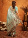 Mint Green Banarasi Silk Embroidered Saree with Multicolor Floral Border & Zari Weaving | Heavy Embroidered Blouse with Tassels | Wedding & Festive Wear Saree