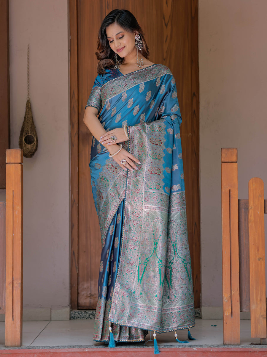 Royal Teal Blue Banarasi Silk Saree with Intricate Paisley Zari Weaving & Tassel Detailing
