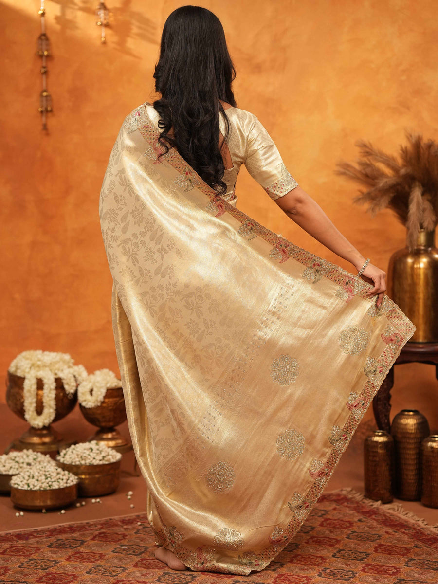 Luxurious Champagne Gold Banarasi Silk Saree with Delicate Floral Embroidered Border & Zari Weaving | Premium Wedding & Festive Wear Saree
