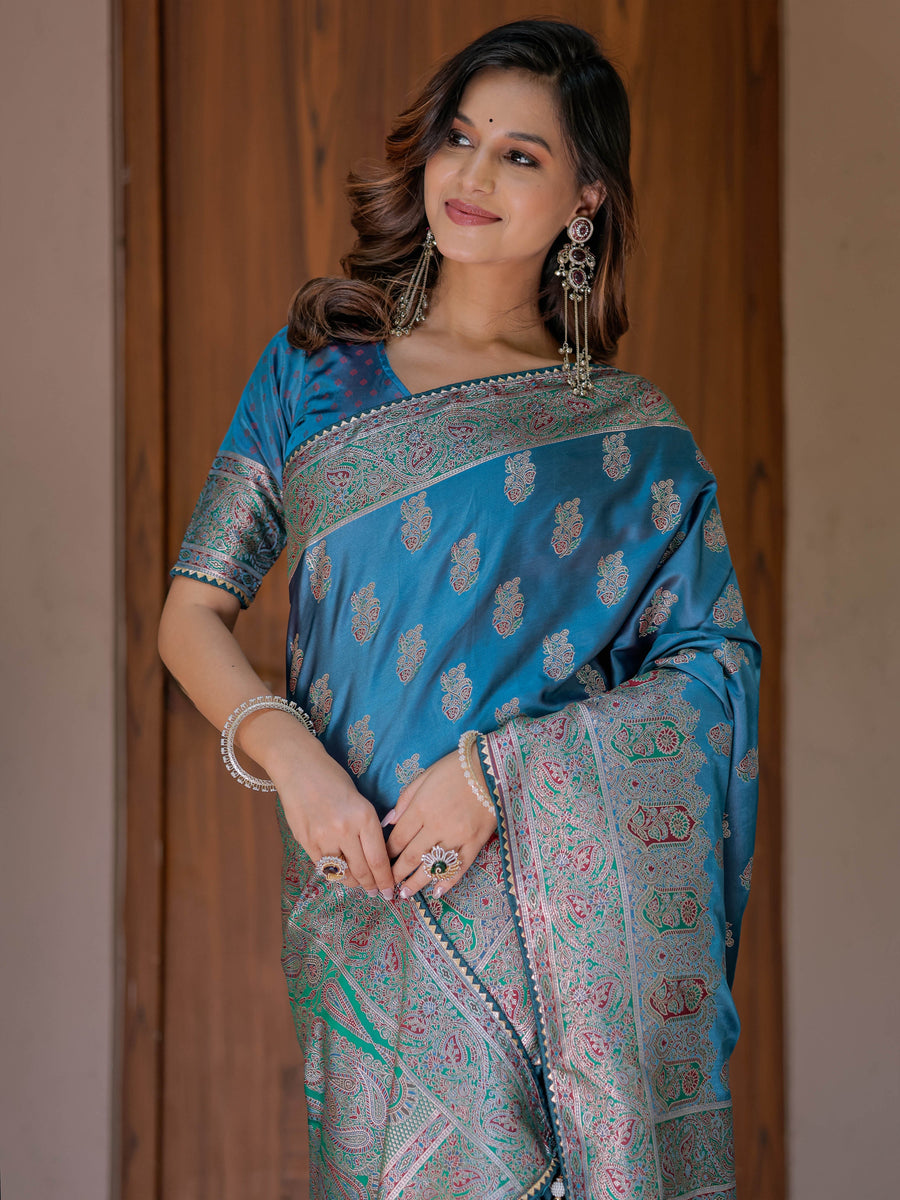 Royal Teal Blue Banarasi Silk Saree with Intricate Paisley Zari Weaving & Tassel Detailing