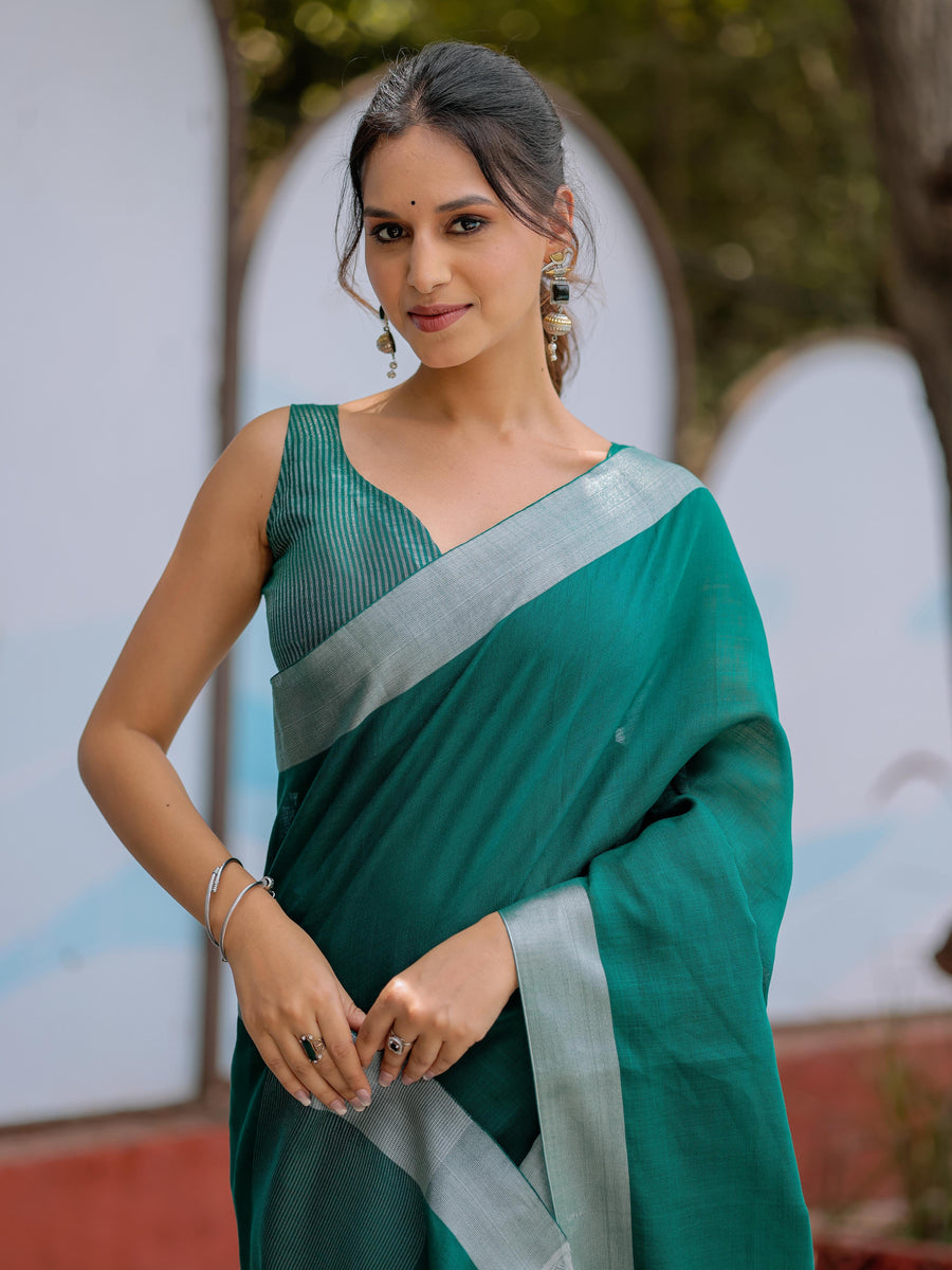 Emerald Green Pure Handloom Cotton Saree with Silver Border & Tassel Detailing