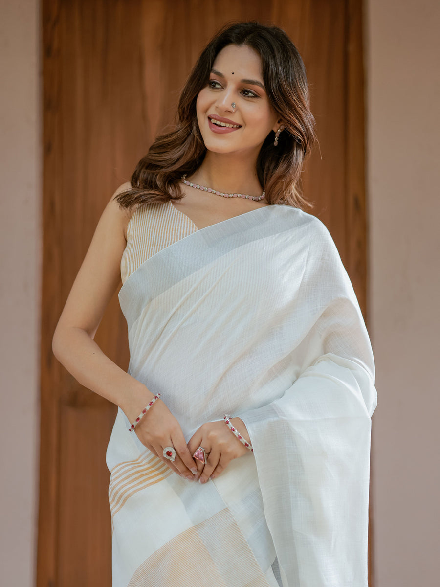 Pure White & Mustard Gold Handloom Cotton Saree with Minimal Striped Border & Tassel Detailing
