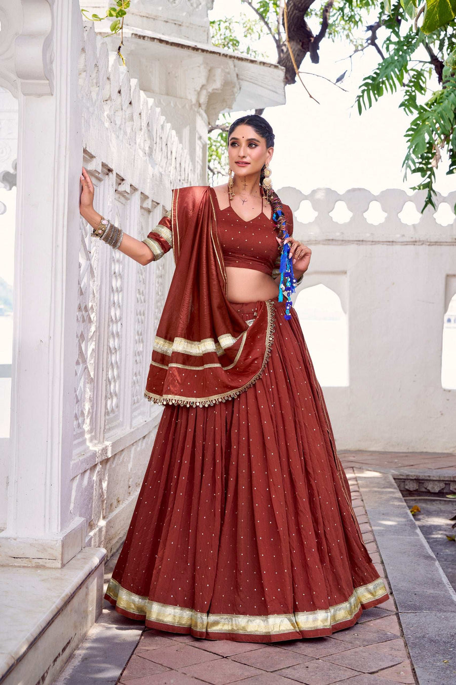 Full Length View of LNB Chanderi Lehenga Set with Dupatta for Women - Shree Roop