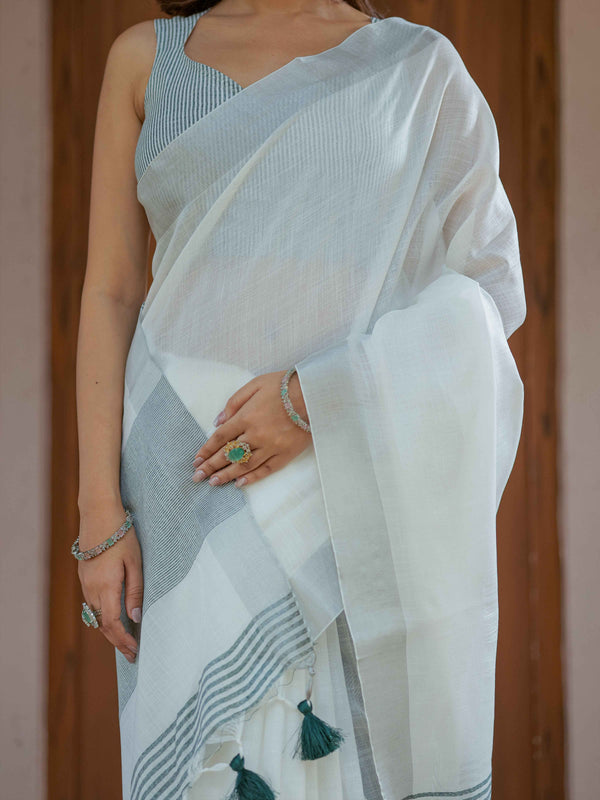 Pure White & Teal Blue Handloom Cotton Saree with Minimal Striped Border & Tassel Detailing