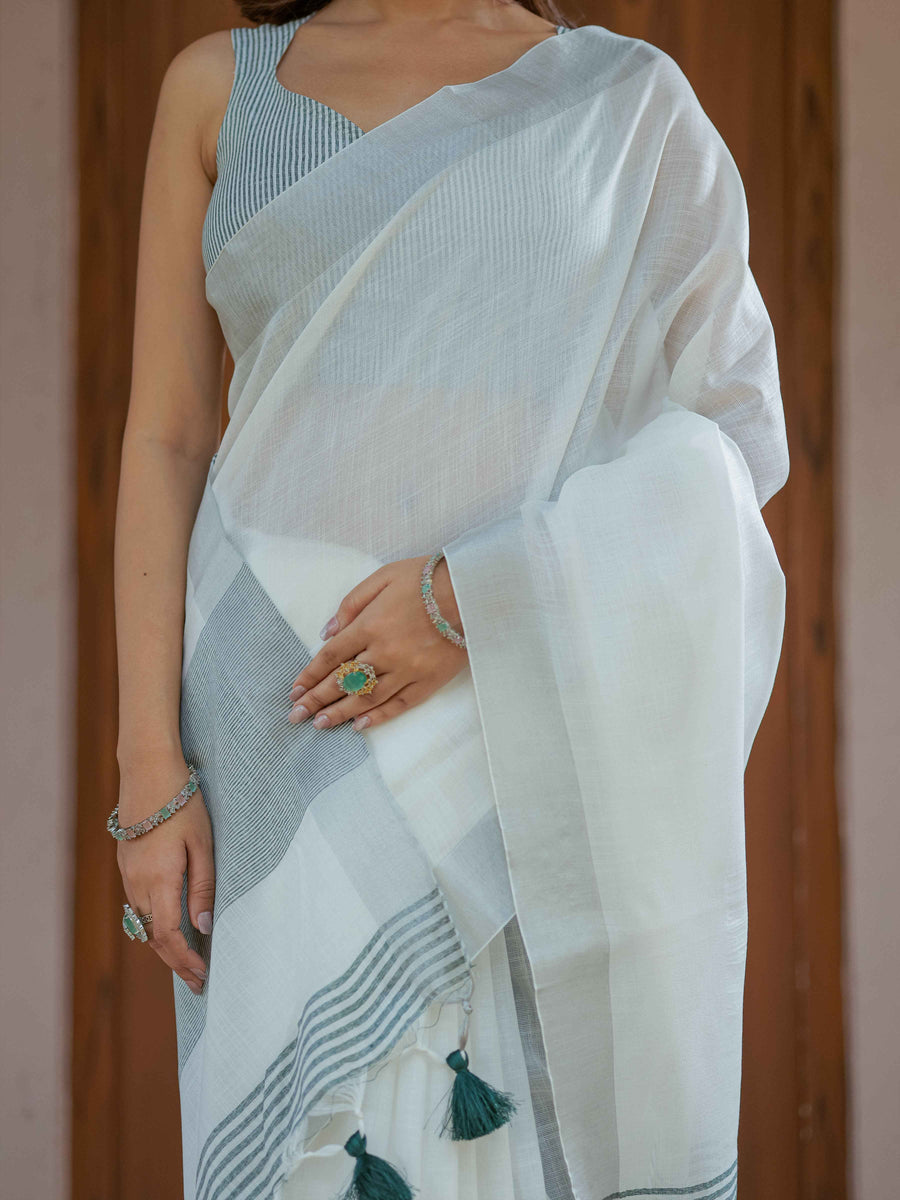 Pure White & Teal Blue Handloom Cotton Saree with Minimal Striped Border & Tassel Detailing