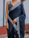 Midnight Navy Blue Pure Handloom Cotton Saree with Silver Border & Tassel Detailing