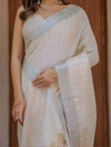Ivory Cream Pure Handloom Cotton Saree with Golden Striped Weaving & Tassel Detailing