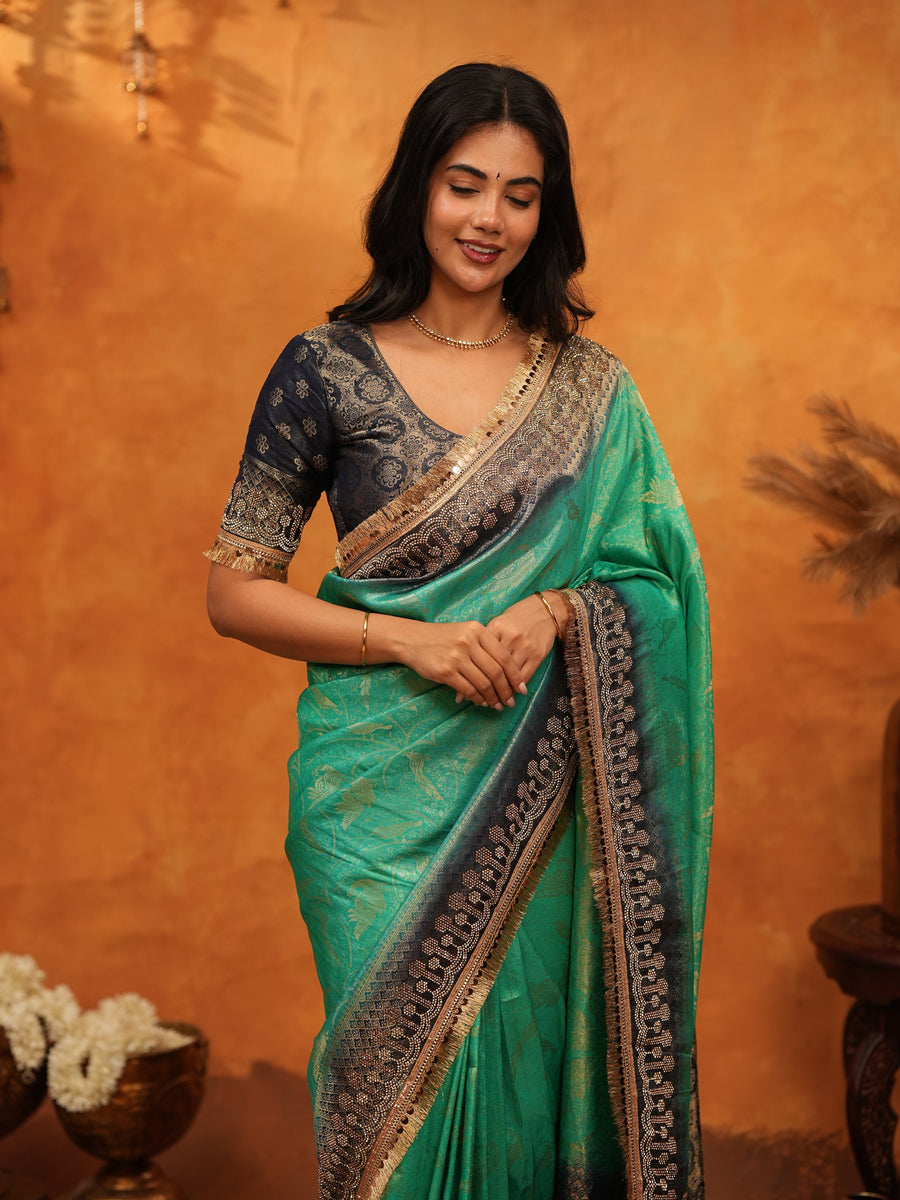 Teal Green Banarasi Silk Saree with Black Zari Border & Rich Woven Pallu | Designer Festive & Wedding Wear Saree
