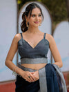 Midnight Navy Blue Pure Handloom Cotton Saree with Silver Border & Tassel Detailing