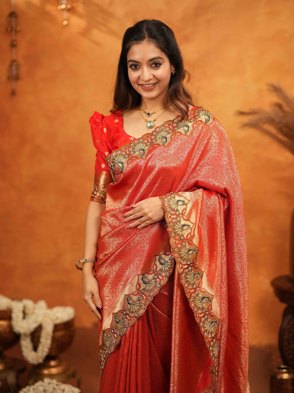 Classic Red Banarasi Silk Saree with Rich Zari Weaving & Heavy Embroidered Border | Designer Wedding Wear Saree with Blouse & Tassels