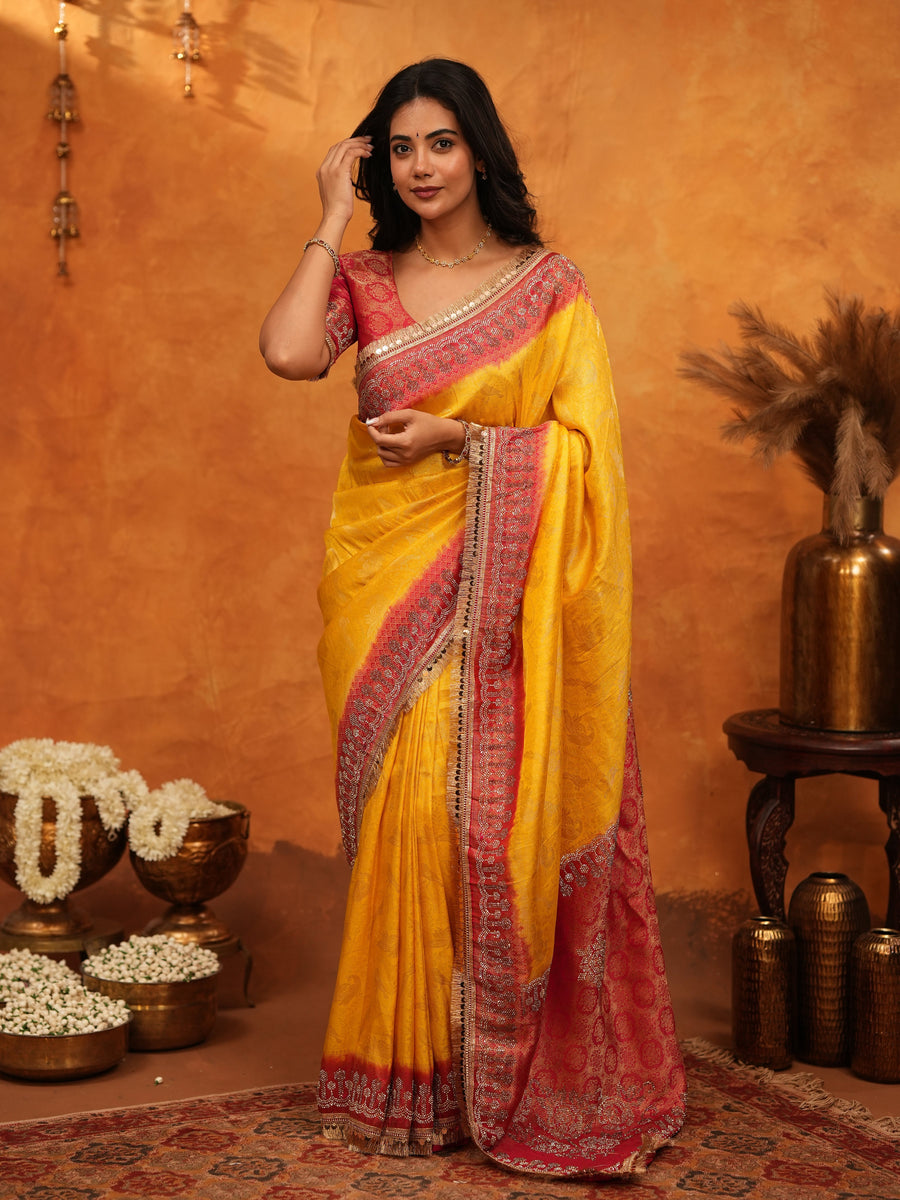 Vibrant Yellow Banarasi Silk Saree with Red Contrast Zari Border & Rich Woven Pallu | Designer Festive & Wedding Wear Saree