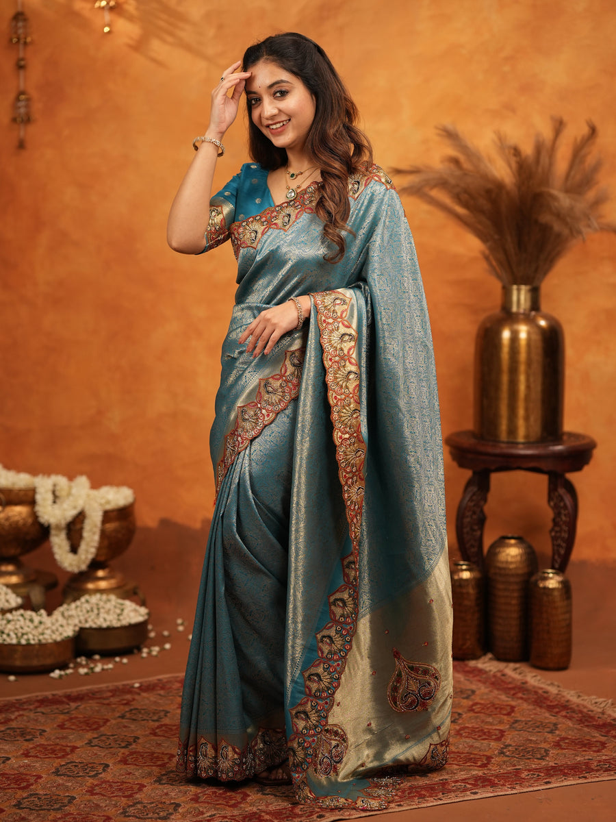 Teal Blue Banarasi Silk Saree with Intricate Zari Weaving & Heavy Embroidered Border | Designer Festive Wedding Wear Saree with Blouse & Tassels
