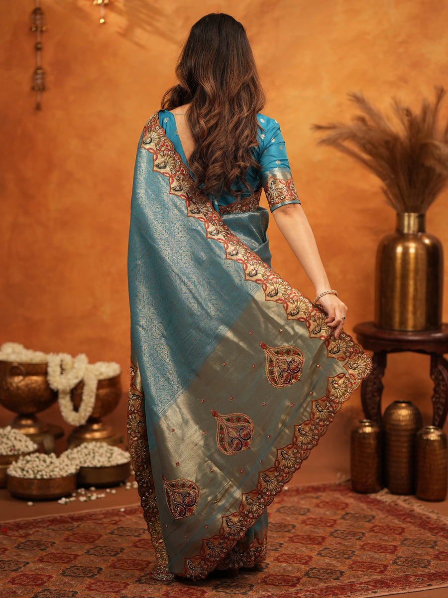 Teal Blue Banarasi Silk Saree with Intricate Zari Weaving & Heavy Embroidered Border | Designer Festive Wedding Wear Saree with Blouse & Tassels