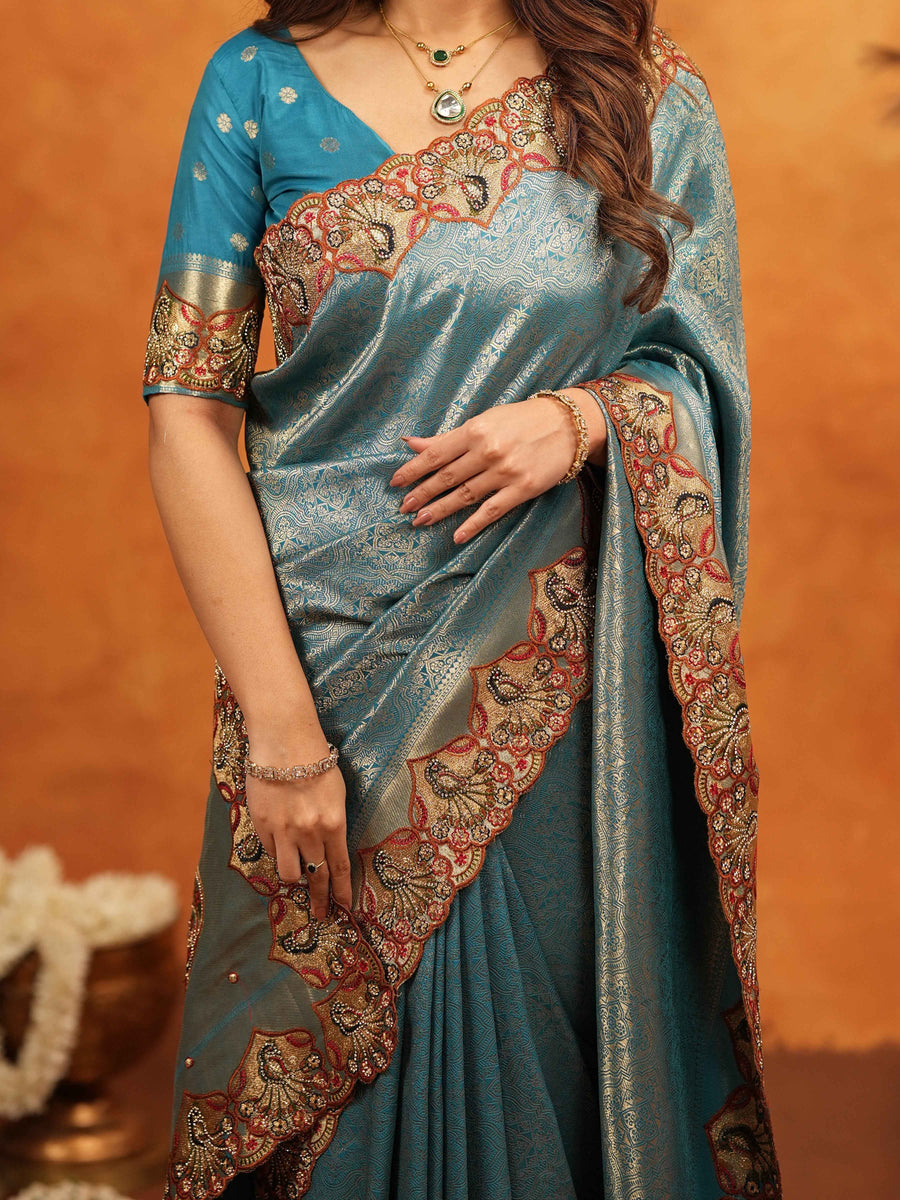 Teal Blue Banarasi Silk Saree with Intricate Zari Weaving & Heavy Embroidered Border | Designer Festive Wedding Wear Saree with Blouse & Tassels