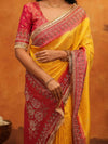 Vibrant Yellow Banarasi Silk Saree with Red Contrast Zari Border & Rich Woven Pallu | Designer Festive & Wedding Wear Saree