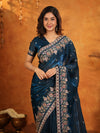 Royal Navy Blue Fendy Satin Embroidered Saree with Heavy Floral Border & Tassels | Designer Saree with Rich Embroidered Blouse
