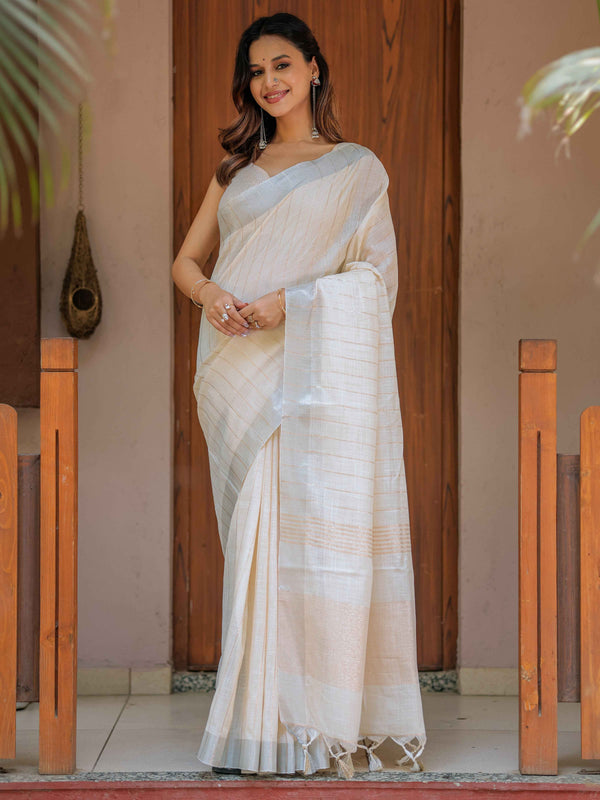 Ivory Cream Pure Handloom Cotton Saree with Golden Striped Weaving & Tassel Detailing