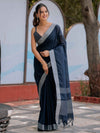 Midnight Navy Blue Pure Handloom Cotton Saree with Silver Border & Tassel Detailing