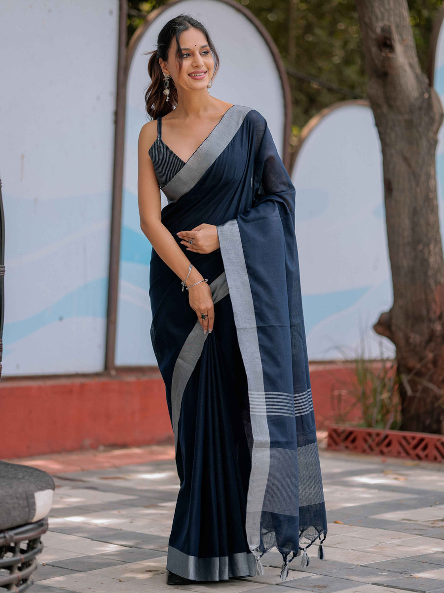 Midnight Navy Blue Pure Handloom Cotton Saree with Silver Border & Tassel Detailing