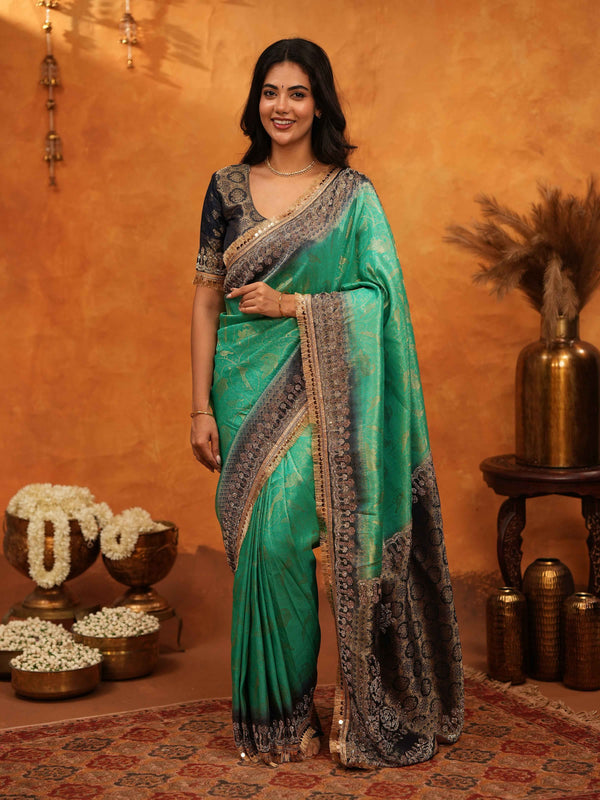 Teal Green Banarasi Silk Saree with Black Zari Border & Rich Woven Pallu | Designer Festive & Wedding Wear Saree
