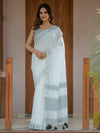 Pure White & Teal Blue Handloom Cotton Saree with Minimal Striped Border & Tassel Detailing