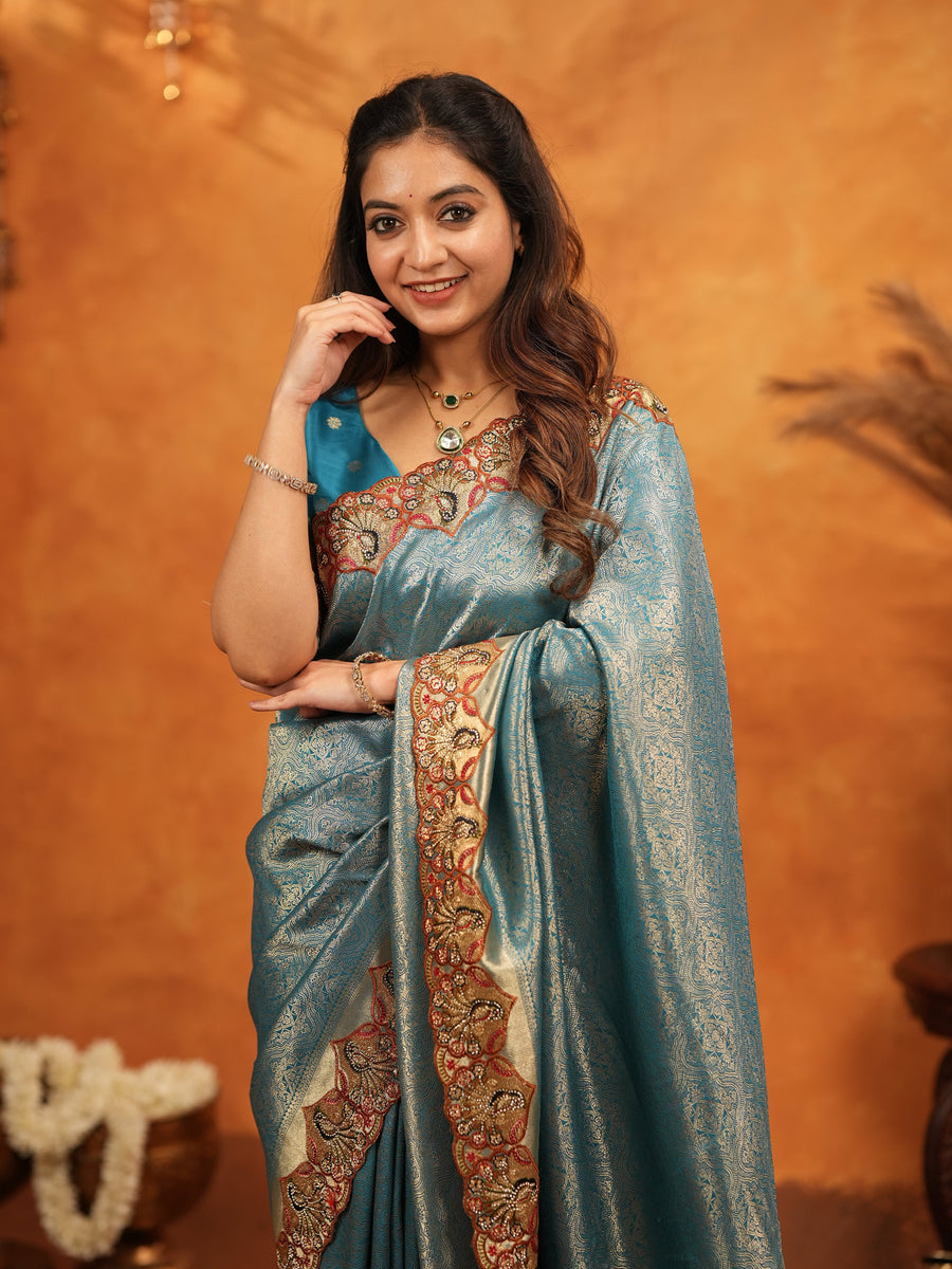 Teal Blue Banarasi Silk Saree with Intricate Zari Weaving & Heavy Embroidered Border | Designer Festive Wedding Wear Saree with Blouse & Tassels