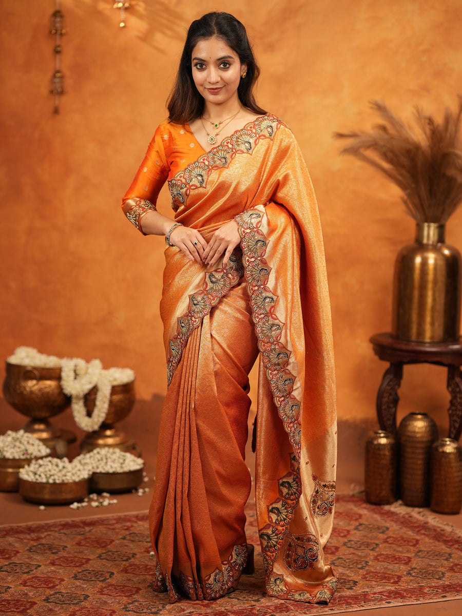 Rust Orange Banarasi Silk Embroidered Saree with Royal Floral Border & Zari Weaving | Heavy Embroidered Blouse with Tassels | Wedding & Festive Wear Saree