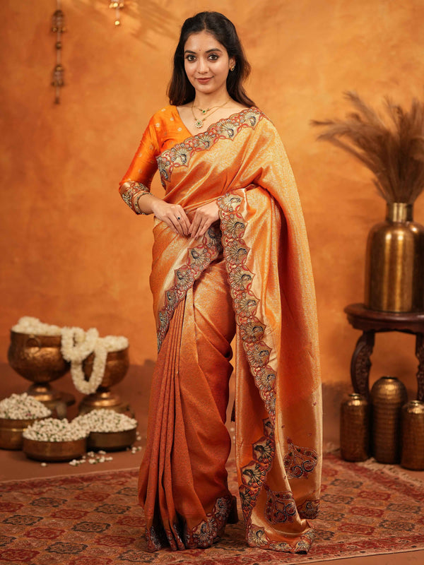 Rust Orange Banarasi Silk Embroidered Saree with Royal Floral Border & Zari Weaving | Heavy Embroidered Blouse with Tassels | Wedding & Festive Wear Saree