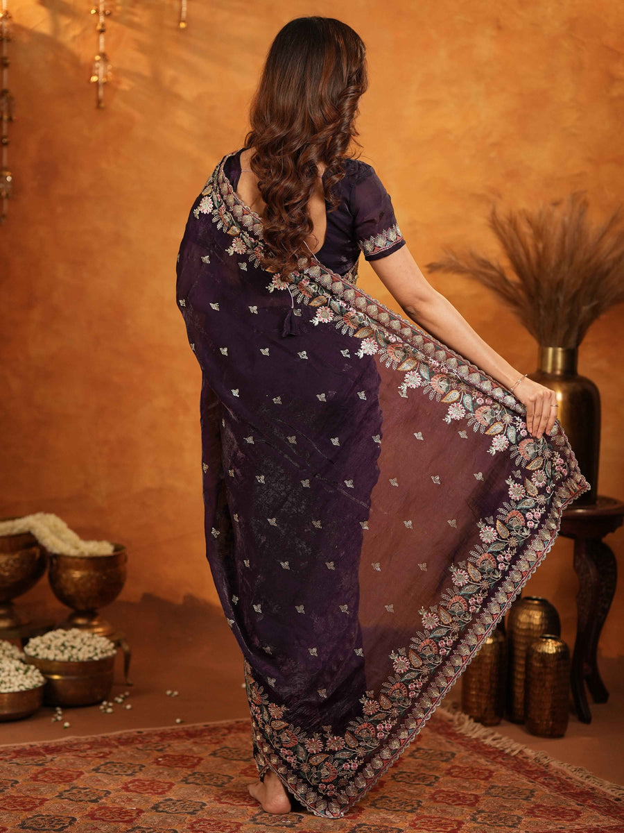 Deep Wine Purple Fendy Satin Embroidered Saree with Floral Border & Designer Pallu | Party Wear Saree with Heavy Embroidered Blouse