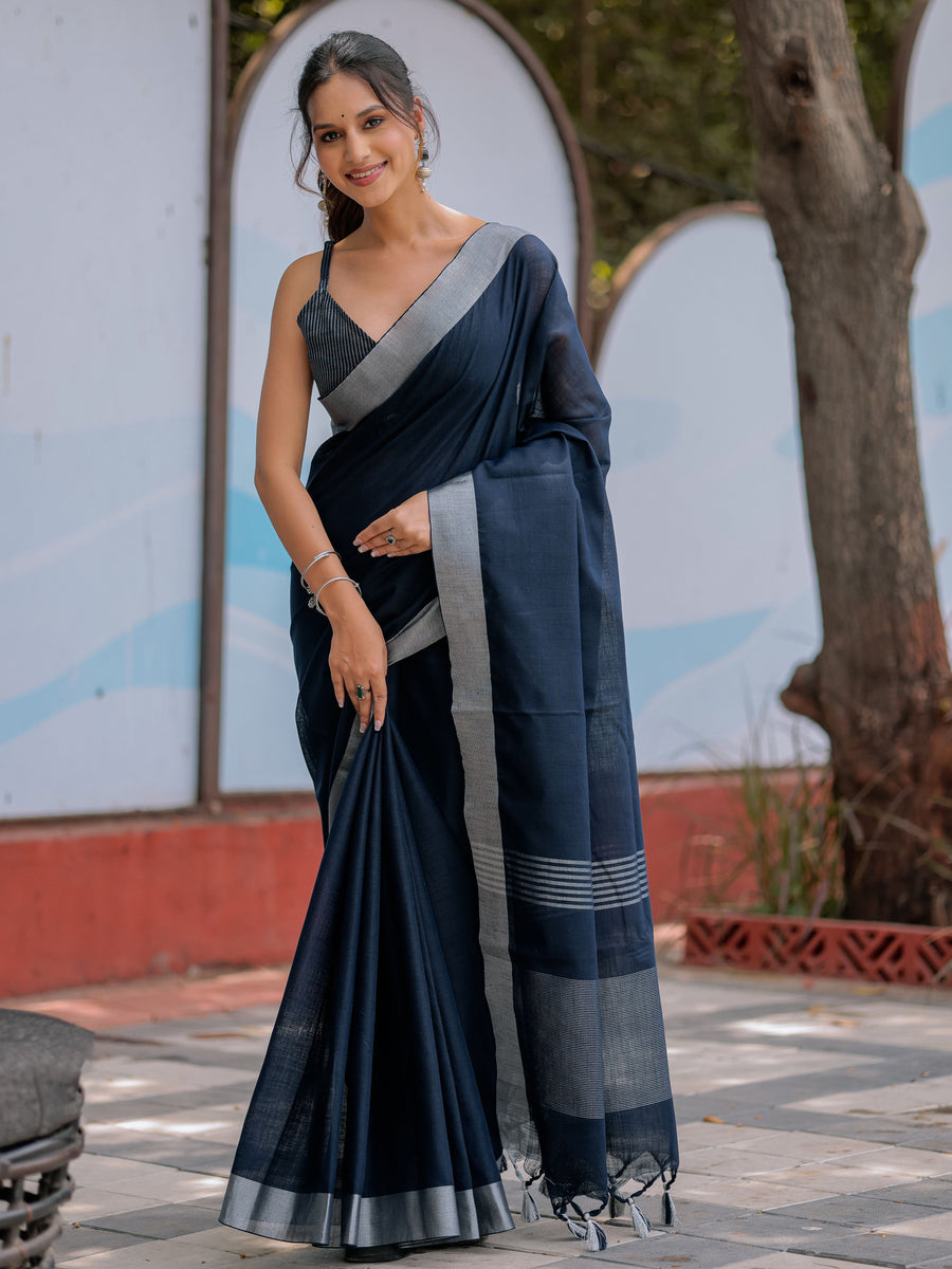 Midnight Navy Blue Pure Handloom Cotton Saree with Silver Border & Tassel Detailing